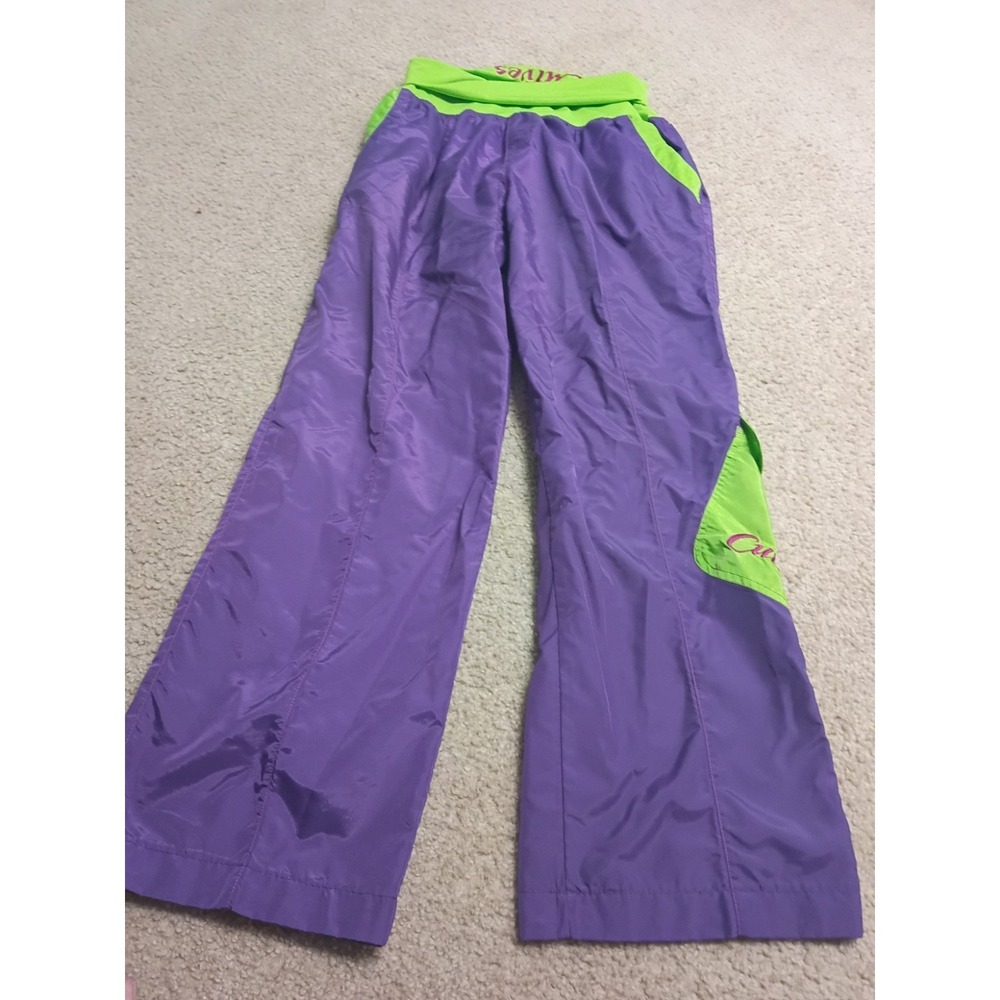 Curves Flare Fold Over Waist Pants Womens M Medium Purple/ Green